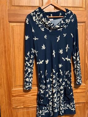 Navy Bird-Print Cowl Neck Dress